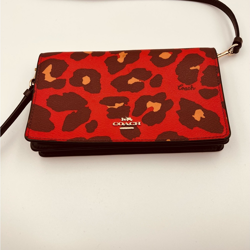 Authentic Coach Red and Brown Leopard Print Crossbody Bag